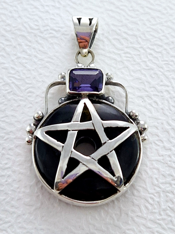 Pentagramm Amulett 925 Sterling Silber mit Onyx & Amethyst ca 34 mm