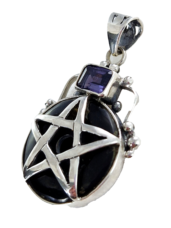 Pentagramm Amulett 925 Sterling Silber mit Onyx & Amethyst ca 34 mm